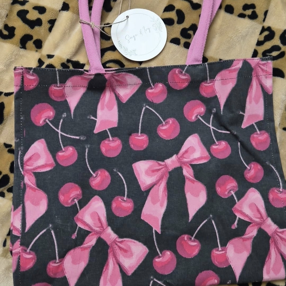 Cherry Print Tote Bag with Pink Accents